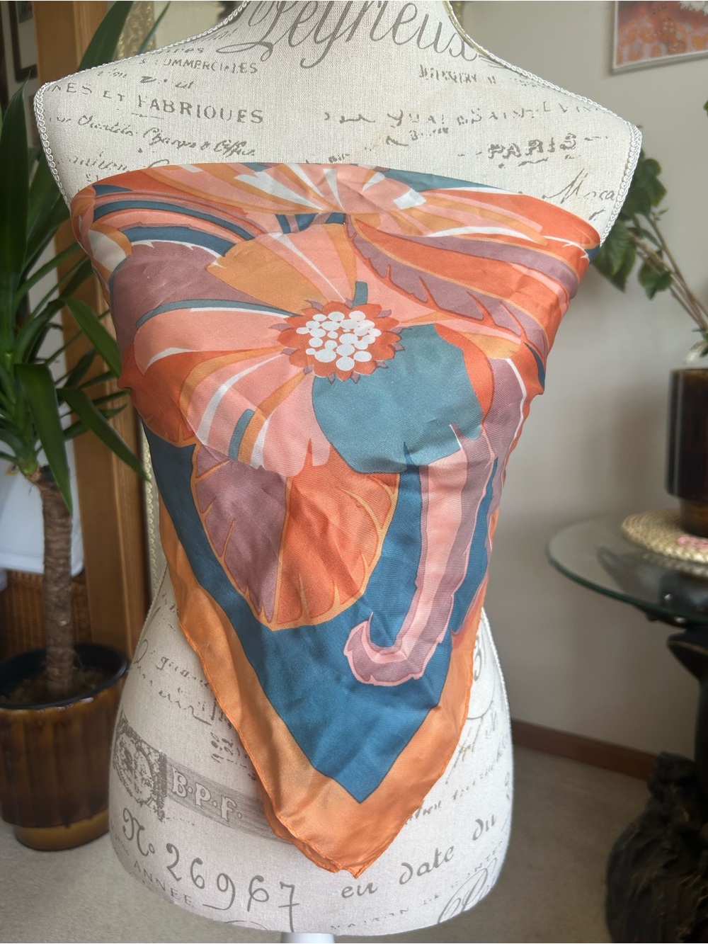 Vibrant Floral Silk Scarf - Orange & Teal